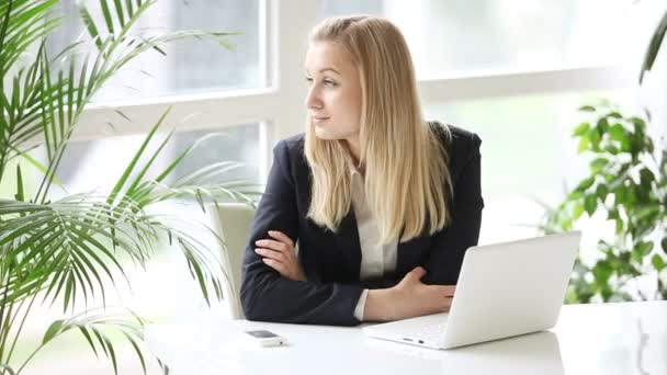 Business woman sitting at office table — стоковое видео