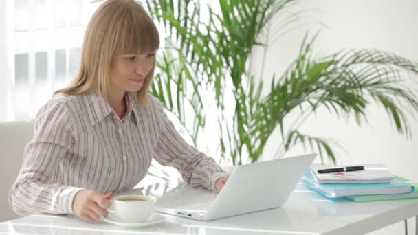 Mujer en la oficina trabajando en el ordenador portátil — Vídeos de Stock