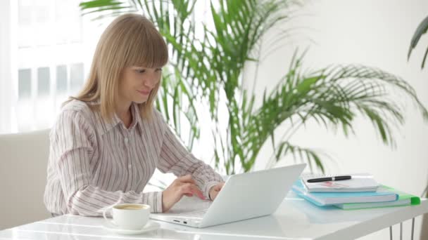 Affärskvinna sitter vid bord med laptop — Stockvideo