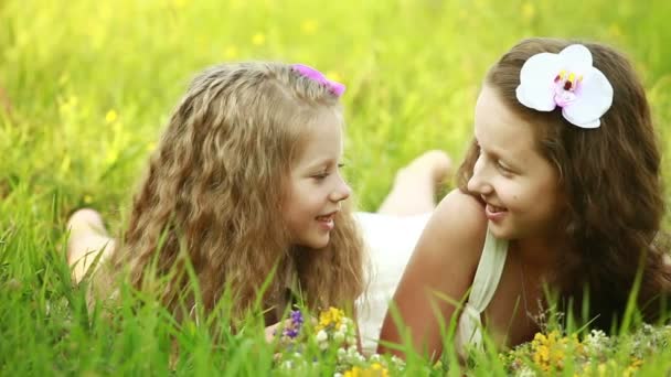 草の上に横たわる姉妹 — ストック動画