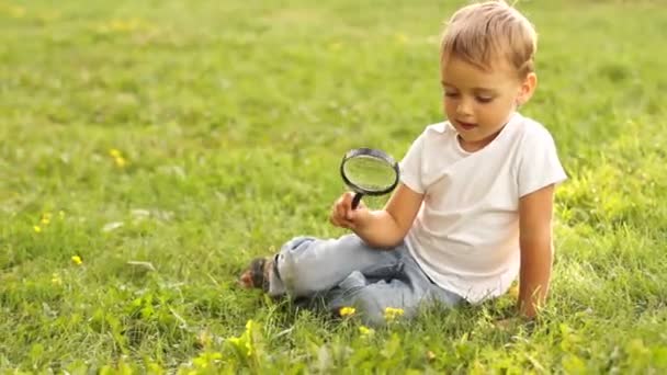 Boy dengan magnifier duduk — Stok Video