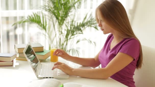 Girl sitting at table using laptop — Stock Video