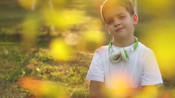 Portrait sourire d'un garçon à l'extérieur — Video