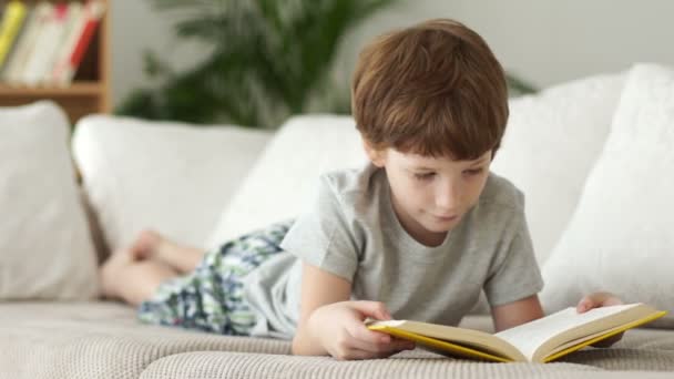 Chłopiec leży na kanapie z książki — Wideo stockowe