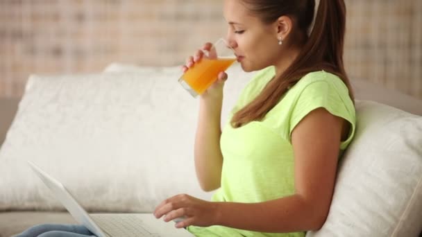 Charming girl sitting on sofa using laptop — Stock Video