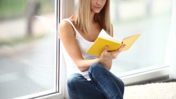 Chica encantadora sentada por la lectura de la ventana — Vídeos de Stock