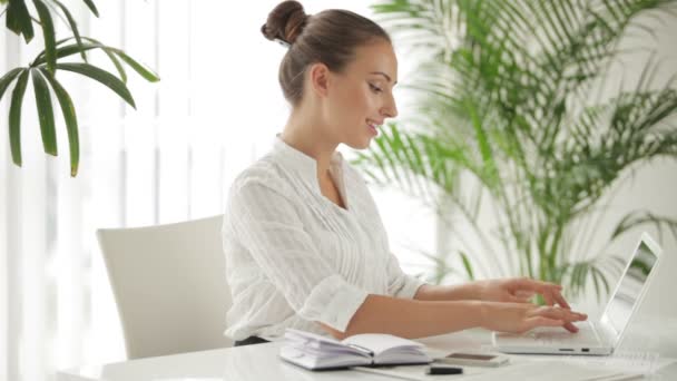 Woman sitting at table using laptop — Stock Video