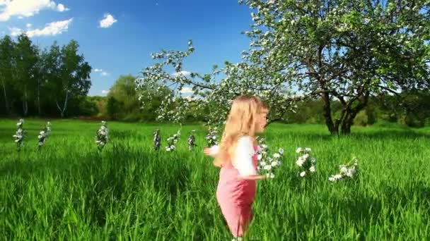 Девушка прядется в траве . — стоковое видео