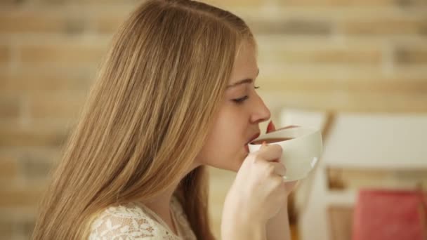 Chica en la cafetería beber té y el uso de touchpad — Vídeo de stock