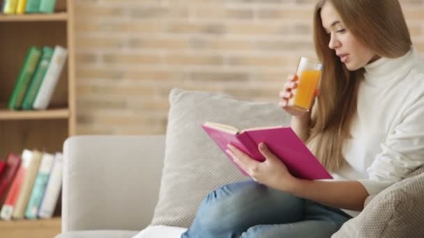 Girl sitting on sofa reading book — Stock Video