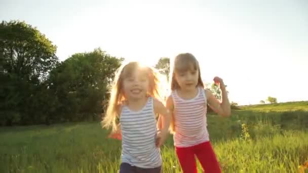 Meisjes rennen op gras en glimlachend — Stockvideo