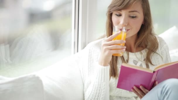 Mädchen sitzt am Fenster und liest Buch — Stockvideo