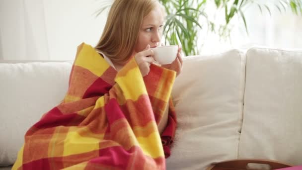 Chica feliz relajándose en el sofá beber — Vídeos de Stock