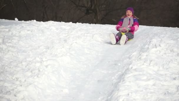 Erwachsene Frau reitet auf einem Schlitten — Stockvideo