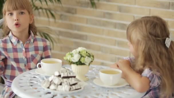 Zwei hübsche kleine Mädchen sitzen am Tisch — Stockvideo