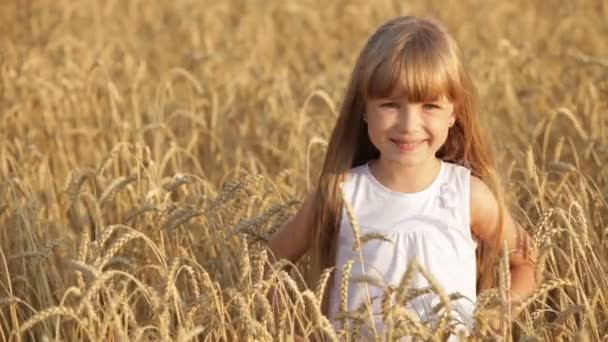 Mädchen steht lächelnd im Weizen — Stockvideo