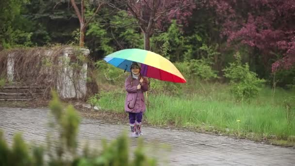 Chica con un paraguas caminando — Vídeo de stock