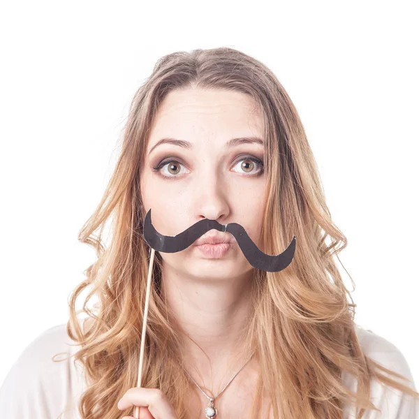 Chica con bigote jugando varias emociones —  Fotos de Stock