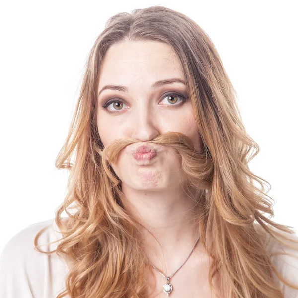 Chica con bigote jugando varias emociones —  Fotos de Stock