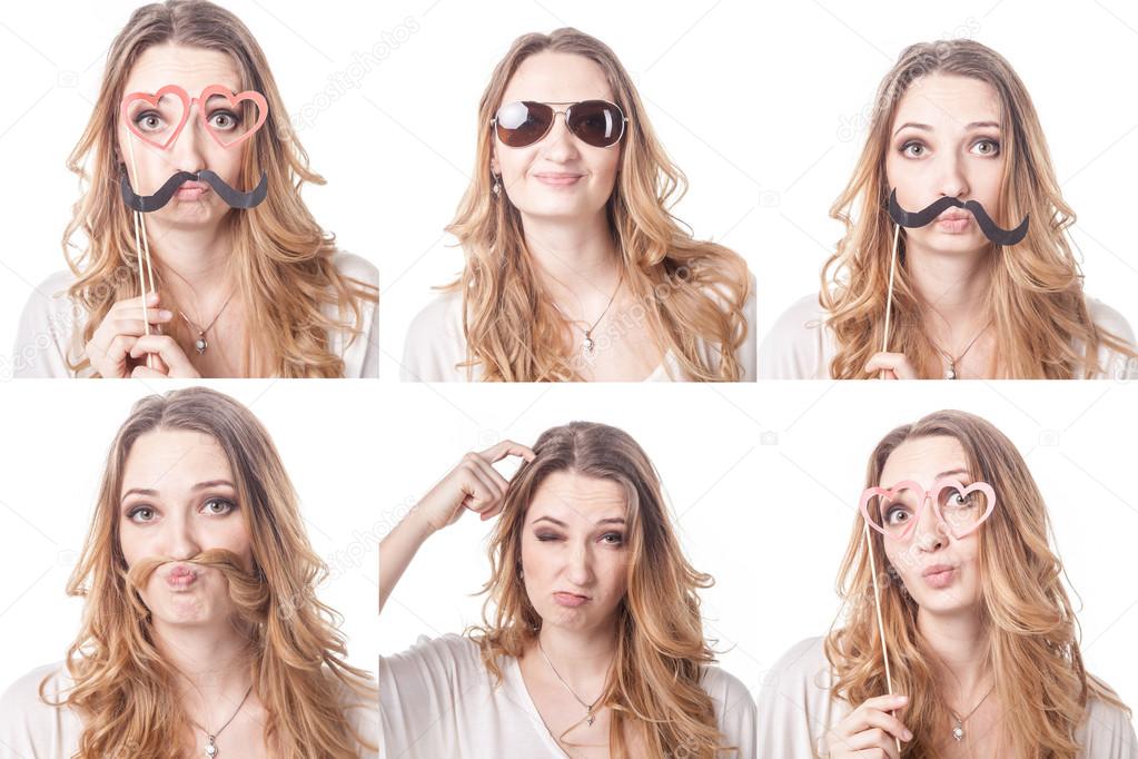 Collage of woman different facial expressions