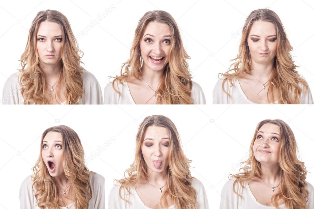 Collage of woman different facial expressions