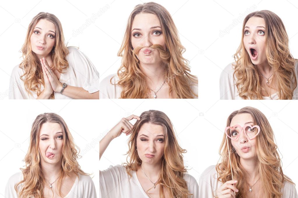 Collage of woman different facial expressions