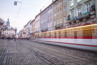 Lviv, Ukrayna - 23 Şubat 2015 toplu taşıma tren şehir Lviv