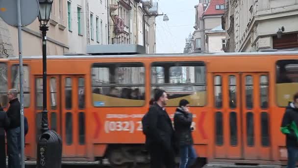 Lviv, Ukraina - 28 februari 2015 stor panda bear underhållande barn och fotgängare centrala Lviv — Stockvideo