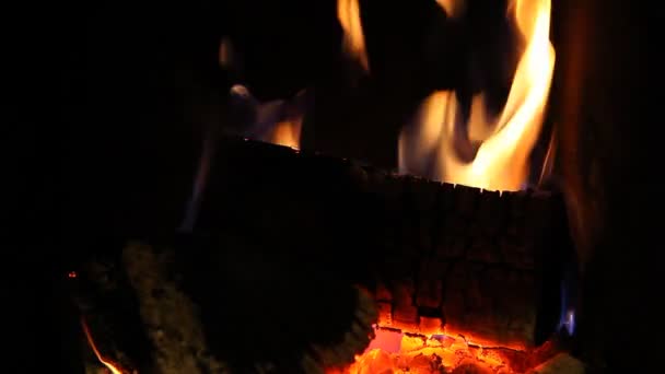 Fa kandalló, romantikus hangulatot naplózza a tűz éget — Stock videók
