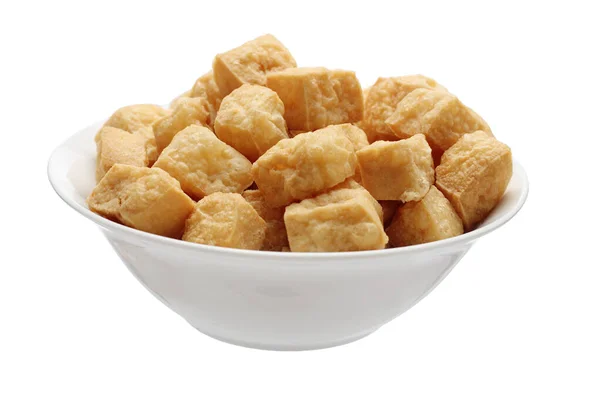 Skål Stekt Tofu Vit Bakgrund — Stockfoto