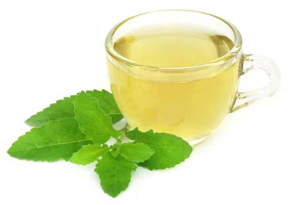 Té de hierbas en una taza con hojas de tulsi — Foto de Stock