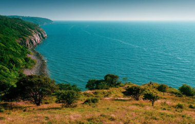 Danimarka 'nın Bornholm kentindeki Hammershus Kalesi' nin etrafındaki Rocky sahili.