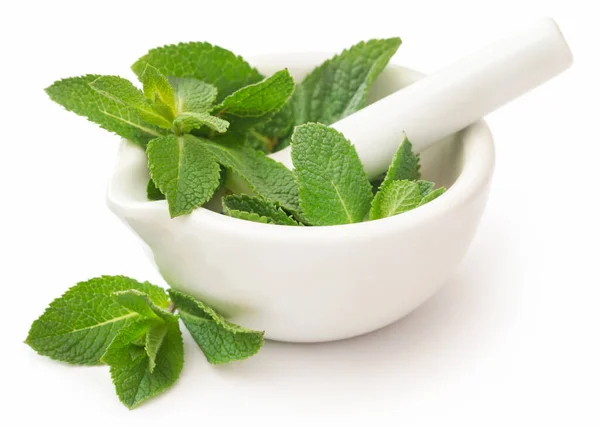 Foglie Menta Mortaio Con Pestello — Foto Stock