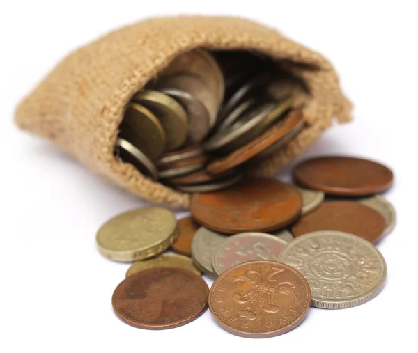 Old coins in sack bag — Stock Photo, Image