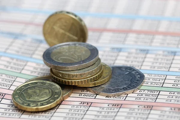 Coins on business page — Stock Photo, Image