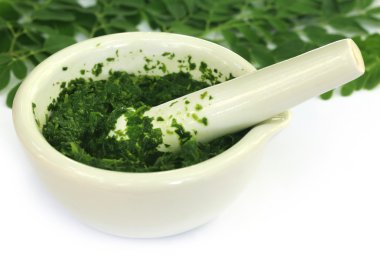 Moringa leaves with mortar and pestle clipart