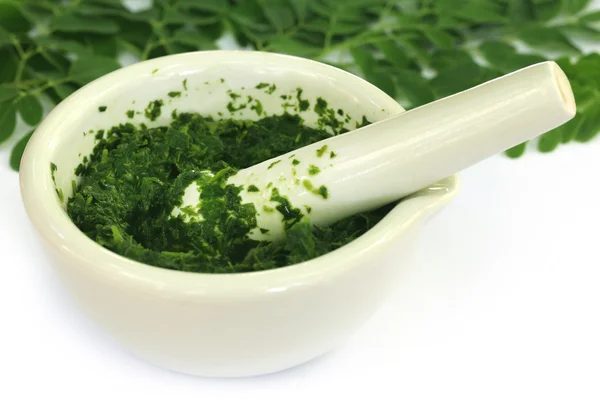 Foglie di moringa con mortaio e pestello — Foto Stock