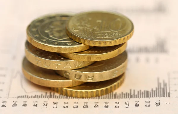 Coins on business page of a news paper — Stock Photo, Image