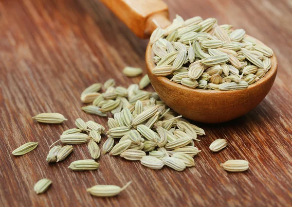 Fennel seeds in a wooden spoon — Stock Photo, Image