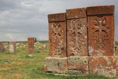  Armenian cross-stones or khachkar in the Noratus Cemetery. Armenia.