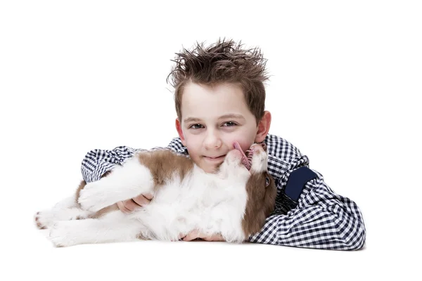 Boy an border collie puppy — Stock Photo, Image