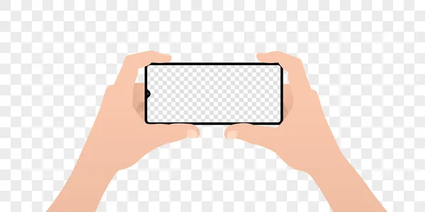 Editable Smartphone Template Mockup Hold Phone Horizontally Both Hands Transparent — Stock Vector