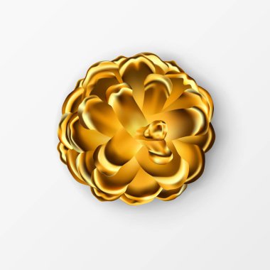 Altın kozalak. Üst Manzara. Gerçekçi 3D nesne beyaz üzerine izole edilmiş. Tebrik kartı tasarım elementi. Kozalak Vektör Simgesi, Sembol, Dekor. Geleneksel Mevsimlik Dekorasyon. Vektör illüstrasyonu