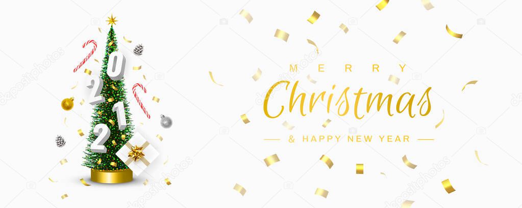 Christmas and New Year 2021 greeting card. Conical Christmas Tree. Pine cones, Sweets, Confetti, Gifts, 2021 numbers, Christmas balls circling around the Xmas tree. Winter holidays banner. 3D Vector
