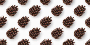 Çam kozalaklı kusursuz desen. Beyaz 'da izole edilmiş nesneler. Paketleme Tasarım Şablonu. Çam Kozalağı Simgesi, Sembol, Dekor, Hediye. Ekoloji Konsepti. Noel şablonu. Gerçekçi 3D Vektör İllüstrasyonu