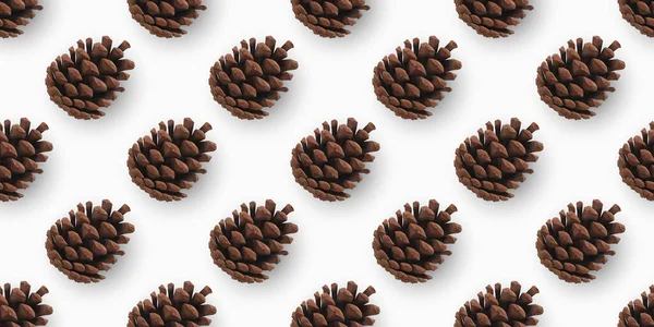 Çam kozalaklı kusursuz desen. Beyaz 'da izole edilmiş nesneler. Paketleme Tasarım Şablonu. Çam Kozalağı Simgesi, Sembol, Dekor, Hediye. Ekoloji Konsepti. Noel şablonu. Gerçekçi 3D Vektör İllüstrasyonu