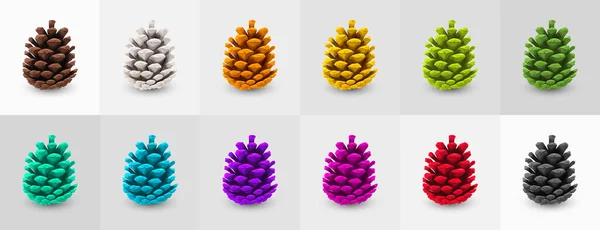 Samling Flerfärgade Målade Tallkottar Juldekorationer Pine Cone Ikon Symbol Inredning — Stock vektor