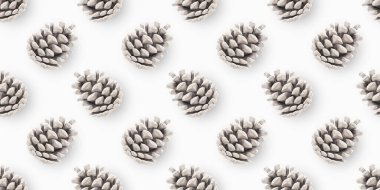 Külahlı kusursuz desen. Çam kozalakları beyaz renklidir. Beyaz 'da izole edilmiş nesneler. Paketleme Tasarım Şablonu. Çam Kozalağı Simgesi, Sembol, Dekor, Hediye. Noel şablonu. Gerçekçi 3D Vektör İllüstrasyonu