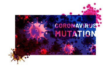 Coronavirus Mutasyon başlığı. Yeni Virüs Gerilimi. Coronavirus COVID-19 'un soyut hücreleriyle pankart tasarımı ve lekeli harflerle mikroplar. Vektör illüstrasyonu