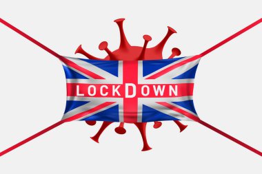 Birleşik Krallık Kilitlemesi. Kilitleme uyarısı ile tıbbi maske şeklinde bir İngiliz bayrağı. Yeni bir Coronavirüs türü tehlikesi - VUI 202012-01. Koronavirüs krizi, covid-19 hastalığı için güvenlik alarmı. Vektör